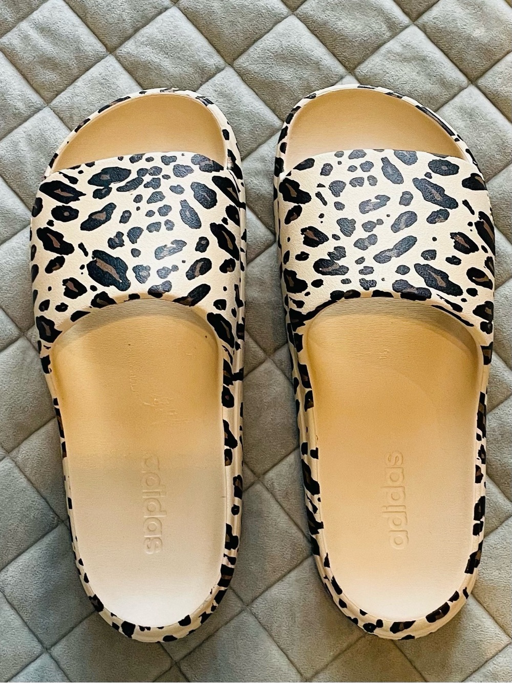 adidas Women’s Leopard Print Slide Sandals - Beige/Black